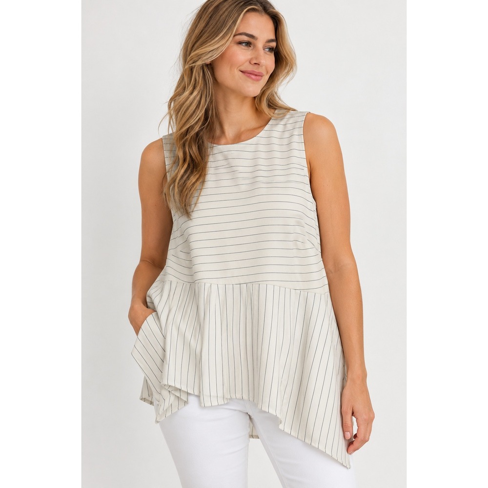 Elle Womens XL Pinstripe Sleeveless Asymmetrical Peplum Blouse White Navy Blue